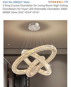 IDEQUY 3-Ring Crystal LED Chandelier Silver