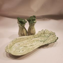Vintage celery dish with matching Salt and Pepper