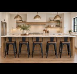 Set of 5 Metal Bar Stools with Wood Seats