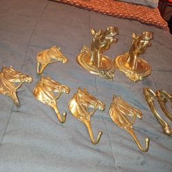 Vintage  Brass Wall Hooks And Towel Bar Equestrian  Style Or Bridle Holders Antique Solid Brass