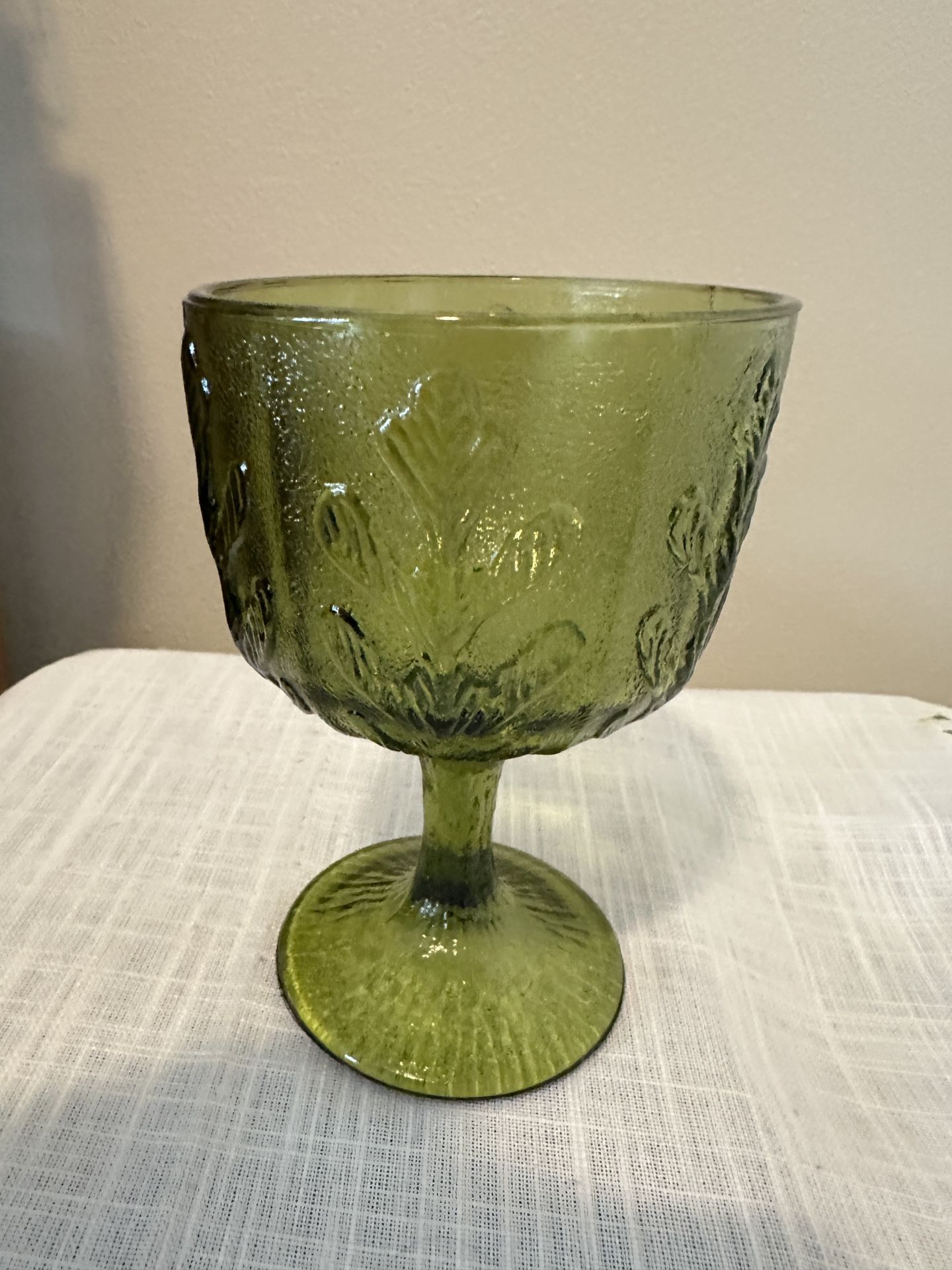 Beautiful Vintage FTD 1975 Green Glass Footed Bowl Oak Leaf Design Or Stemmed Goblet