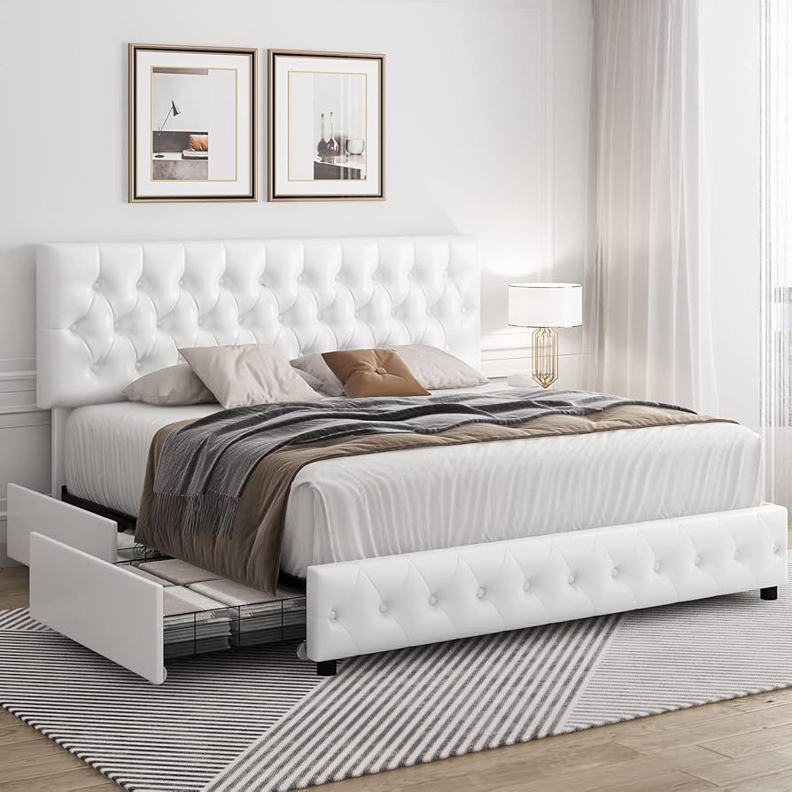 Modern Upholstered Bed Frame with 4 Drawers, Button Tufted Headboard Design, Solid Wooden Slat Support, Easy Assembly, Full Size, White Si