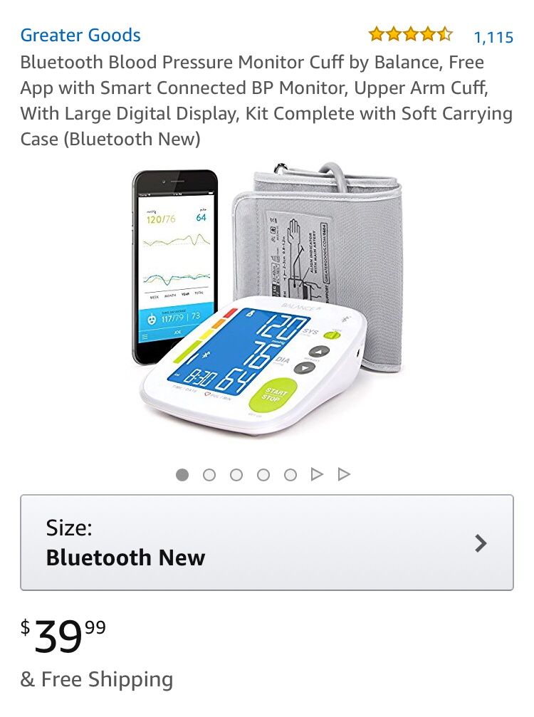Greater Goods Bluetooth Blood Pressure Monitor Cuff by Balance, Free App with Smart Connected BP Monitor, Upper Arm Cuff, With Large Digital Display,
