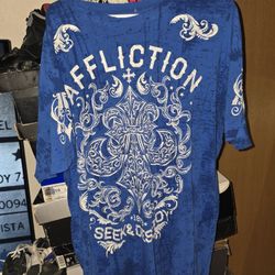 Affliction Mens Distressed Short Sleeve T-Shirt Seek & Destroy Size XL Blue White