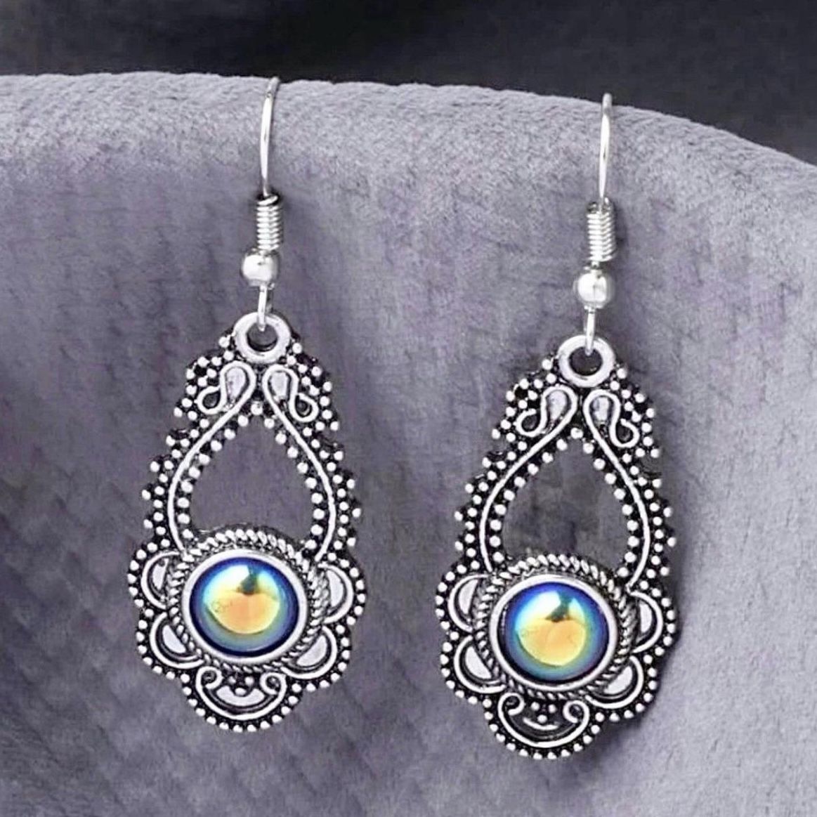 New Boho Antique Silver Dark Iridescent Stone Drop Dangle Earrings