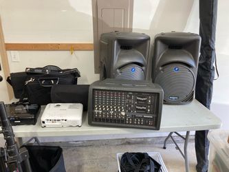 Media Equipment ~ Audio Mixer, 2 Epson Projectors, 2 Speaker Stands, 2 Mackie Speakers and 1 Large Screen