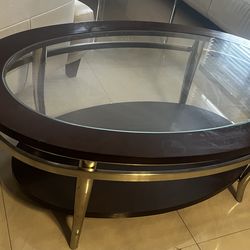 Oval coffee table- wood, glas , chrome