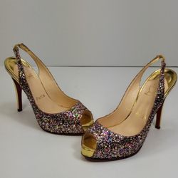 CHRISTIAN LOUBOUTIN Gold Glitter N Prive Peep-Toe Slingback 4.5" Heels / Size 38
