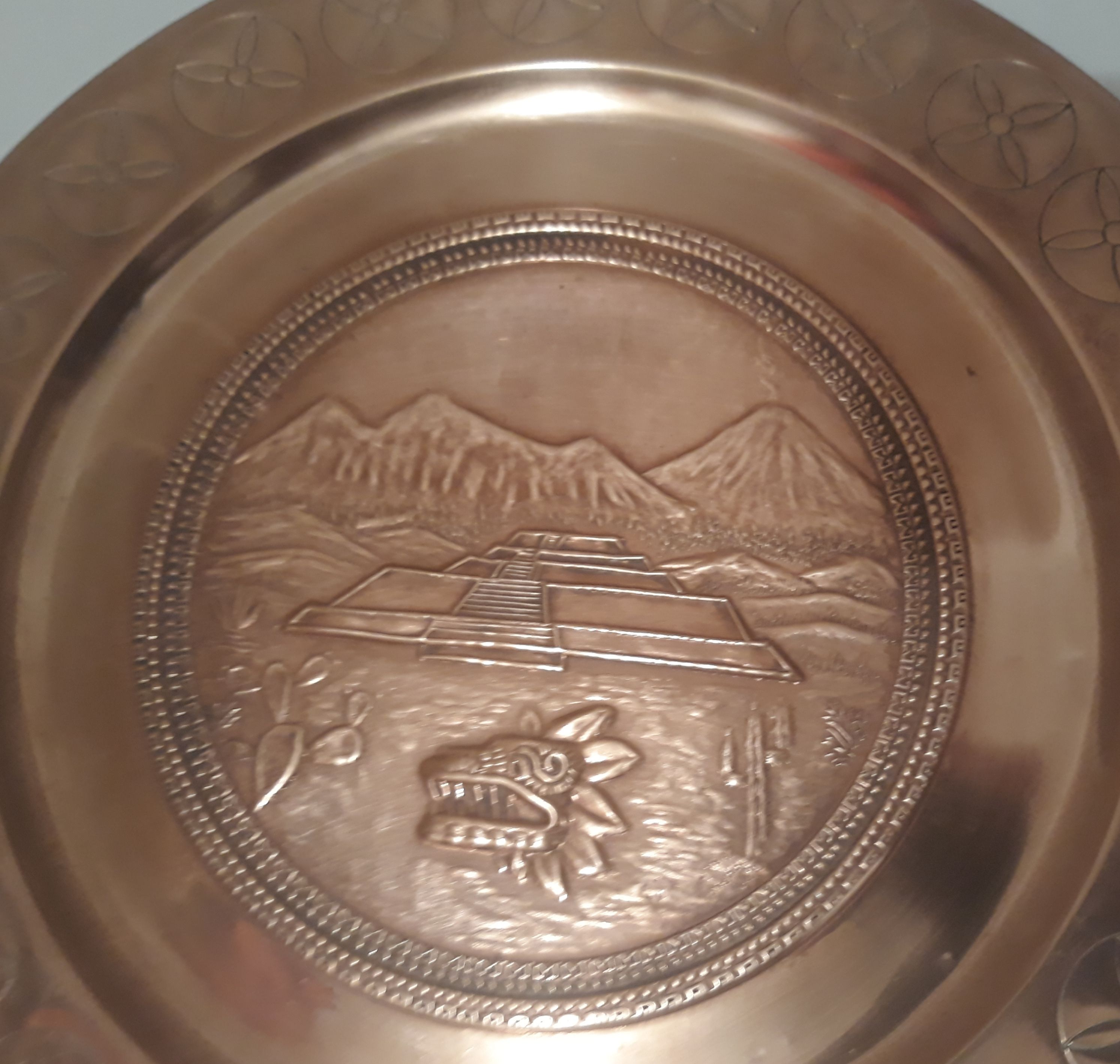 Vintage Metal Copper Plate, Tray, Platter, Wall Hanging, 12" Wide, Mountains, Dragon, Pyramids, Kitchen Decor, Wall Decor, Shelf Display