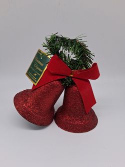 Christmas Elegance Red Glitter Hanging Bell Ornaments Set of 2