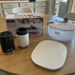 Salad Spinner, Food Scale, Yeti Colster Ramblers, and Vegetable Chopper