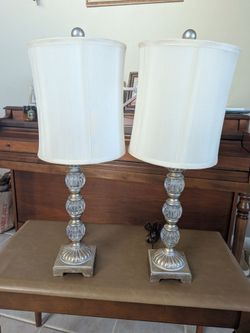 Pair of Silver Ornate Table Lamps with Shades