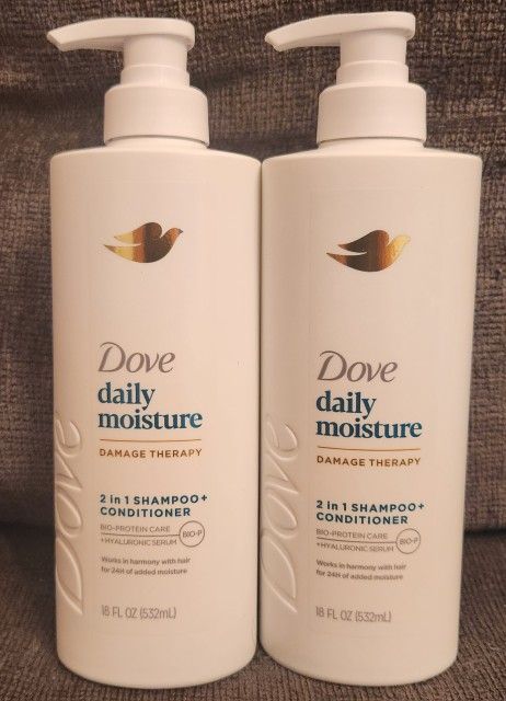 (2) Dove Moisturizing 2-in-1 Shampoo & Conditioner for Women with Hyaluronic Serum, 18 oz with Pump