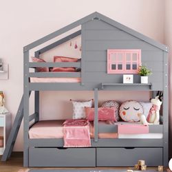 Twin  Over Twin Pink And Gray Bunk-Bed
