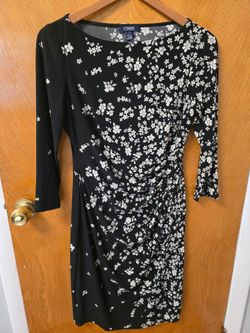 Chaps Black Floral Ruched Dress
