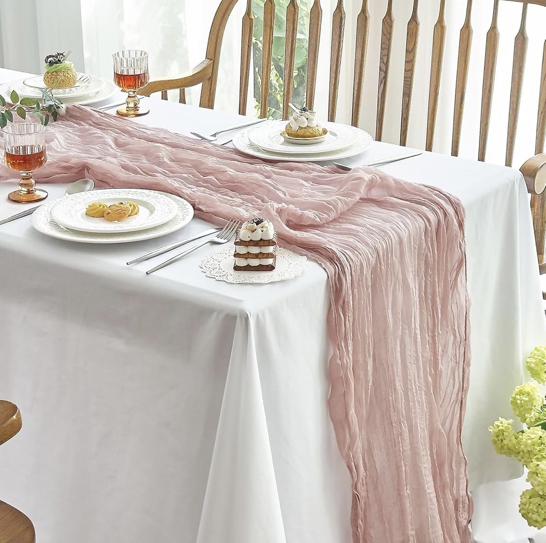2 Pcs Cheesecloth Table Runner - 10ft Dusty Pink Boho Gauze Cheese Cloth Table Runners for Baby Shower Decoration Wedding Party Summer Garden Christm