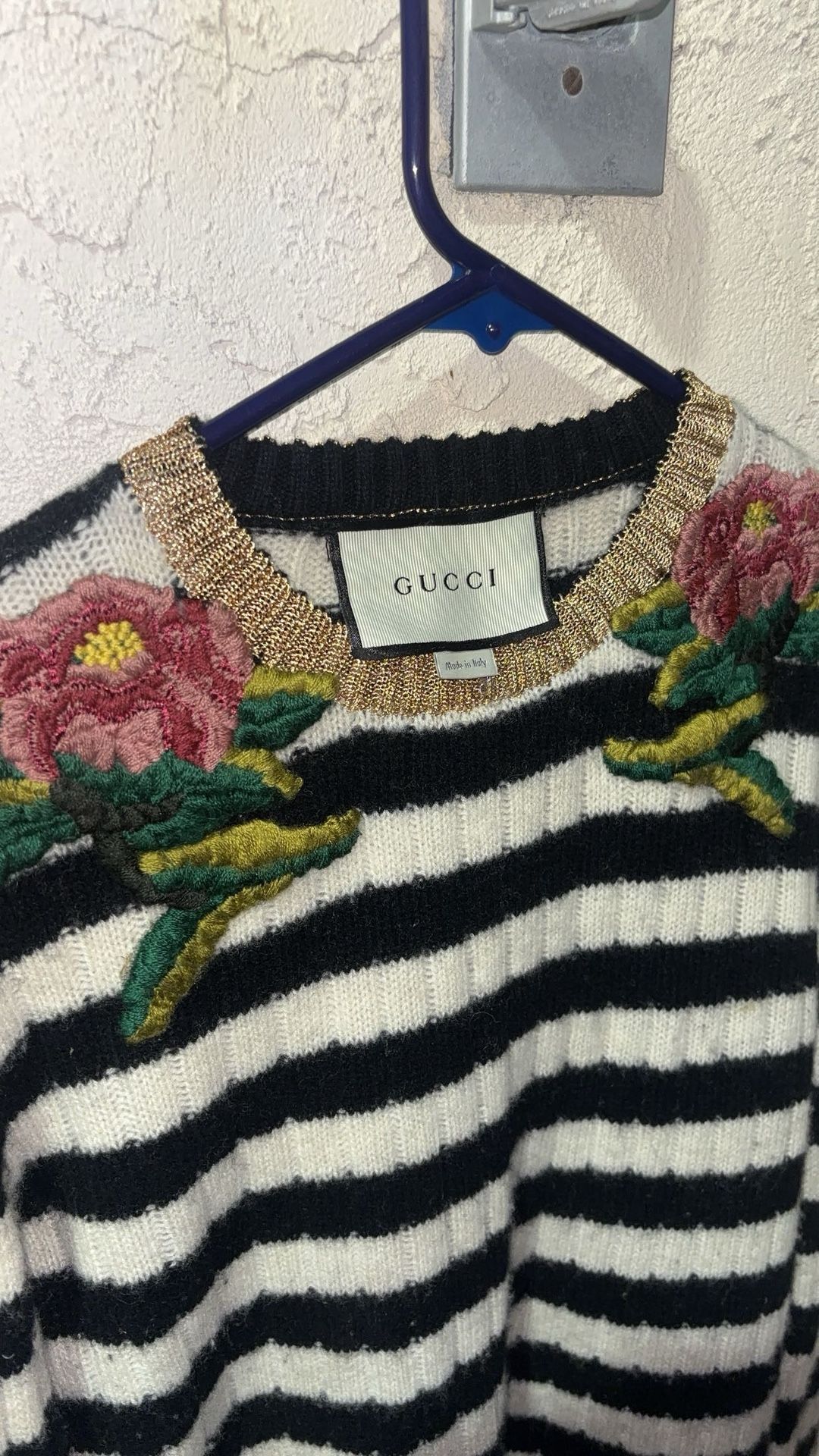 Authentic Gucci Striped Floral Cashmere Embroidered Sweater