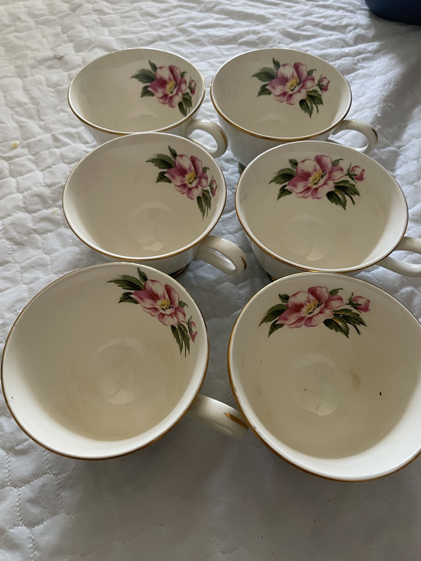 homer laughlin china vintage- Green Floral Tea Cups With Gold Trim - 6 Cups 
