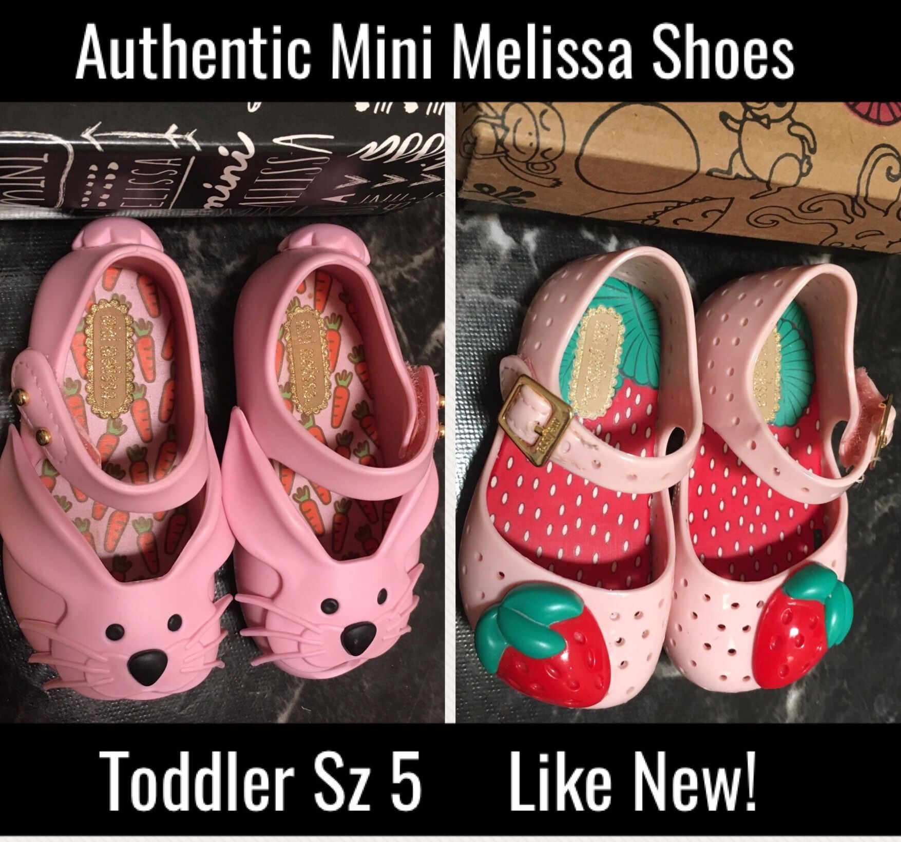 Like New Mini Melissa Shoes! Girl Toddler Sz 5 with Box Bunny Strawberry So cute!