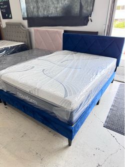 Novaform Mattress with Blue Velvet Bed Frame