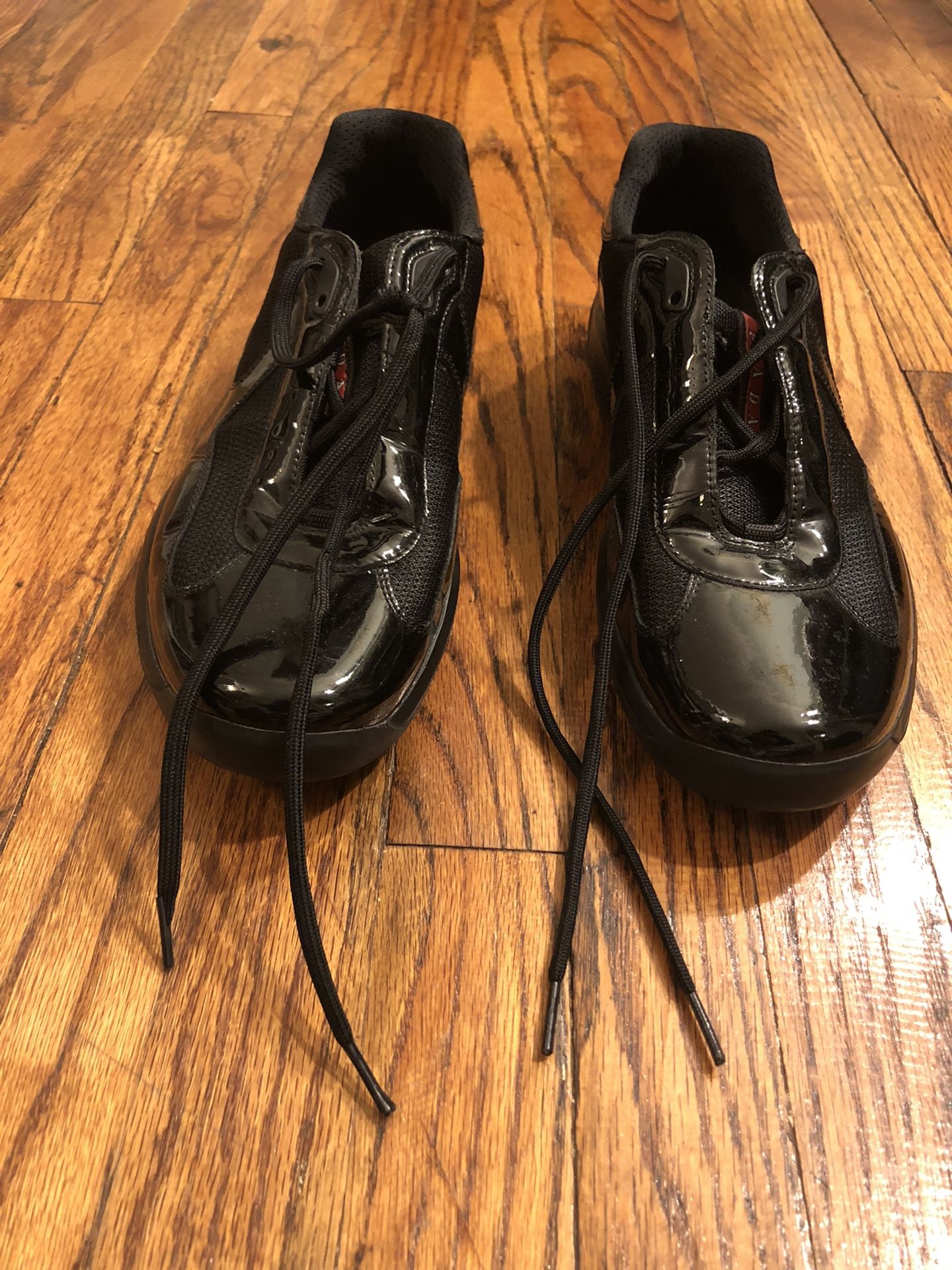 Prada Men's America's Cup Patent Leather Patchwork Sneakers, Black, Men's, 10.5 See Description