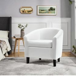 White Leather Chair, Faux Leather Accent Chair, Modern Barrel Chair Comfy Club Chair with Soft Padded and Solid Legs for Living Room Bedroom Reception