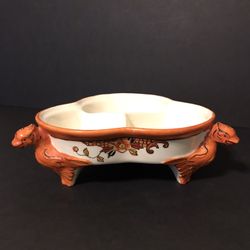 Antique Asian 3 Divided Compartments Orange Foo Dog Legged Dish w/ Floral Design