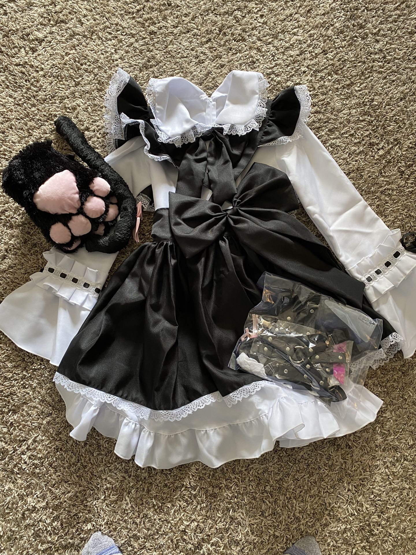 Black & White Anime Dress Maid Style Outfit 28” Waist With Paws, Garter, Ears, And Stockings