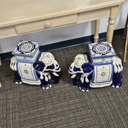 Vintage Blue And White Elephant Oreantal Plant Holders VERY RARE!