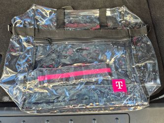 17" x 12" x 5" T-Mobile Tuesdays Clear Stadium Bag (PVC messenger/tote bag with black trim, double handles, a front zippered pocket, and a detachable