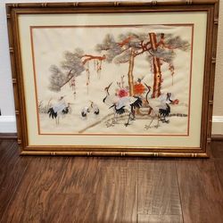 Framed Needlepoint Picture of Japanese Snow Cranes