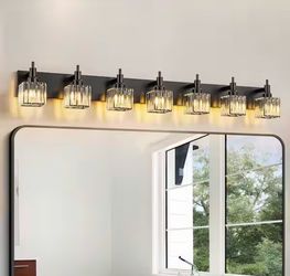 Orilliah 51.18 in. 7-Light Modern Black Bathroom Vanity Light with Crystal Shades. New
