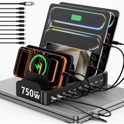 750W Charging Station for Multiple Devices, Zobirez 10-Port Fast Charger, 5 USB-C 120W Each and 5 USB-A 30W Each, Desktop Charging Hub for Laptop Phon