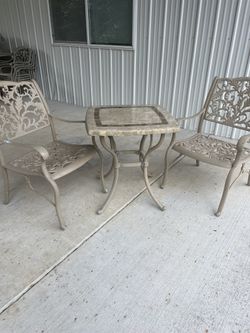 Outdoor Natural Stone Table And 2 Metal Chairs