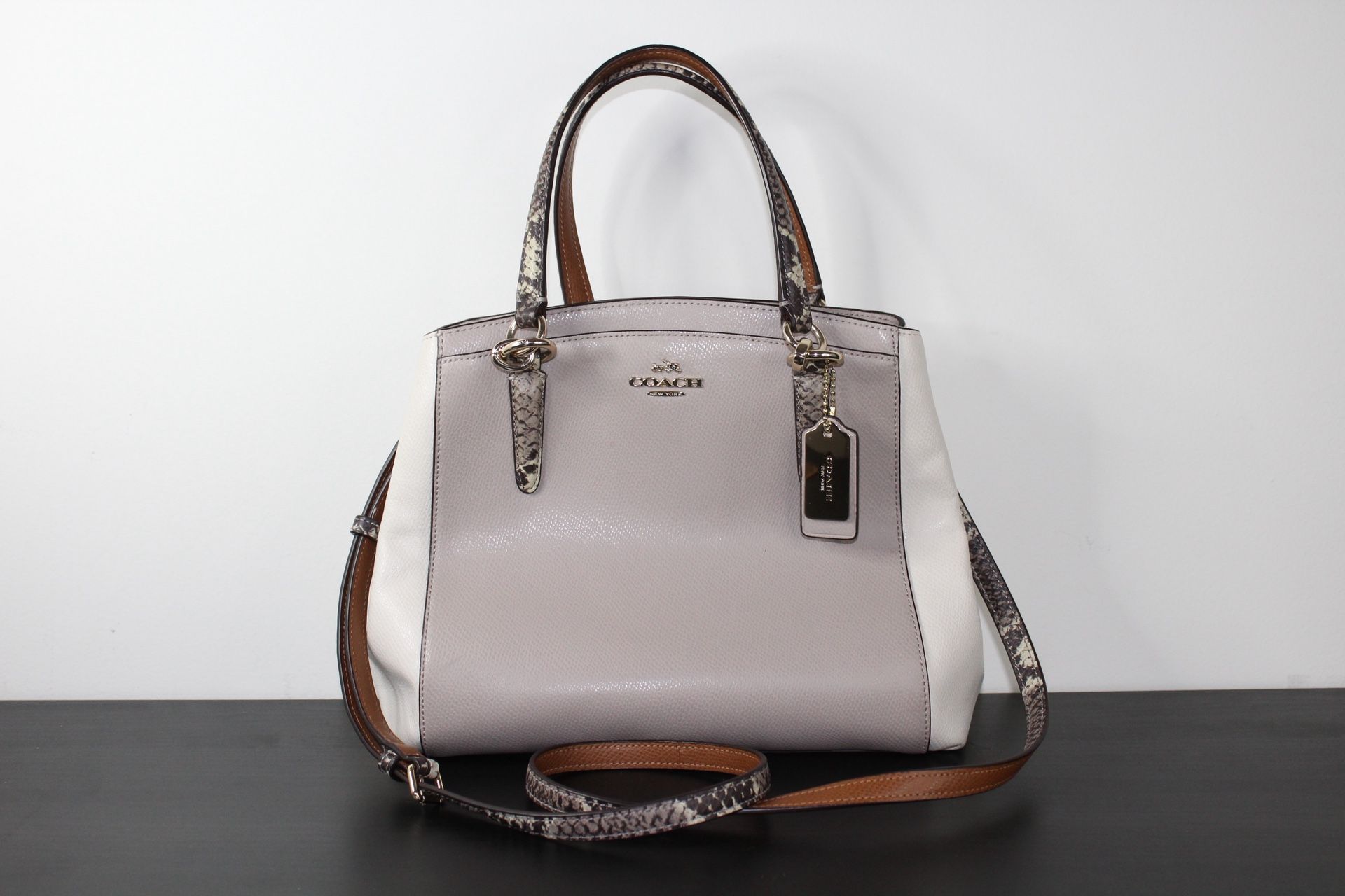 Coach Minetta Taupe OffWhite Exotic Leather Trim Crossbody Handbag