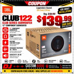 JBL Bass Speaker 12" Subwoofer 1200 Watts 2-Ohm / 4-Ohm Club 122 🚨 Payment Options Available 🚨