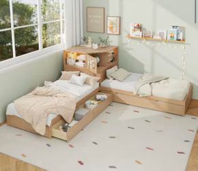 Brand new Harper & Bright Designs Natural Wood Frame Twin L-Shaped Platform Bed with Trundle, Drawers, and LED