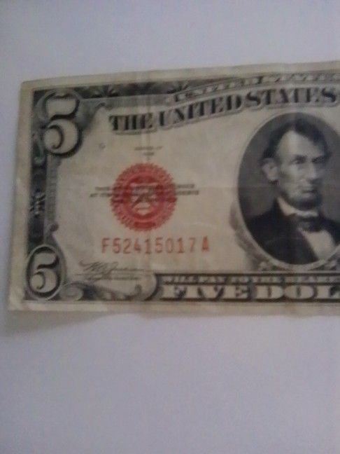 Red Seal 5.00 Dollar Bill ,Red Seal 1928c