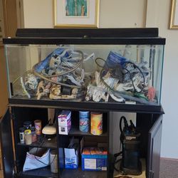 50 Gallon Saltwater Fish Tank With Stand,  Pump And Supplies,  And Food