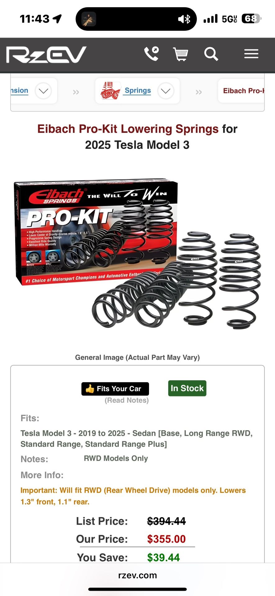 Tesla 3 Eibach Lowering Springs RWD