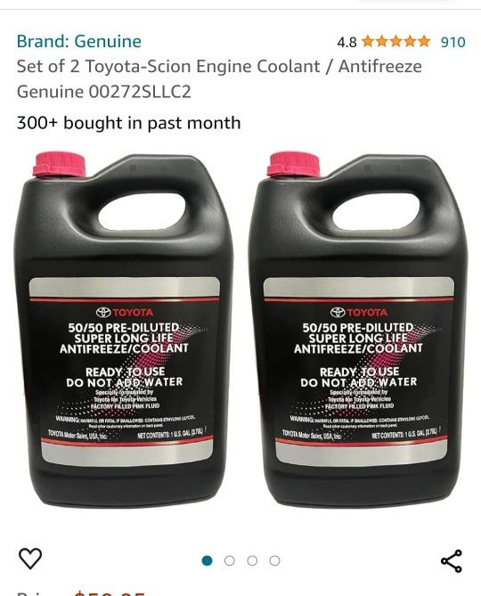(2) 1 Gallon Toyota Pink 50/50 pre-diluted Coolant OEM.