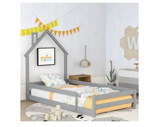 Two Bellemave Twin Size House-Shaped Headboard Floor Bed with Fences, Wooden Montessori Bed for Kids,House Bed Twin Frame for Girls,Boys (Gray)