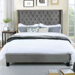 Brand New Gray Velvet King Size Bed Frame