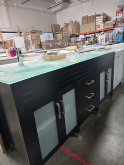 Modern Double Sink Bathroom Vanity with Glass Top 72"