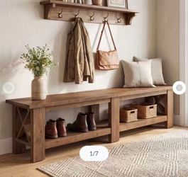 LD0241 70.87" Solid Wood Entryway Shoe Bench, Farmhouse End of Bed Bench with Storage
