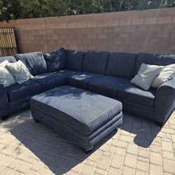 Blue Sectional With Ottoman 