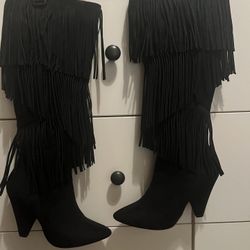 Women’s Black Suede Knee High Fringe Boots 