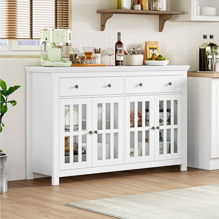 Kitchen Buffet Sideboard, Modern Wood Storage Cabinet with 4 Glass Doors & 3 Adjustable Shelves for Dining Room, White