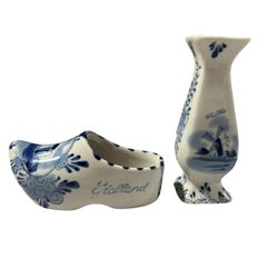 Lot Of 2 Vintage Hand Painted Delft Blue 4” Vase And Clog  Holland Windmill 