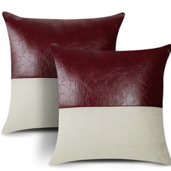 2 Pillow Cases 18x18 Leather Burgundy One Side Other Beige Cloth 